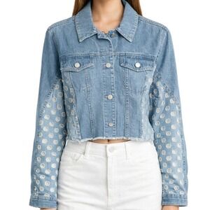 J Brand NWT Ambitious Light Wash Blue Eyelet Polka Dot Cropped Denim Jacket S